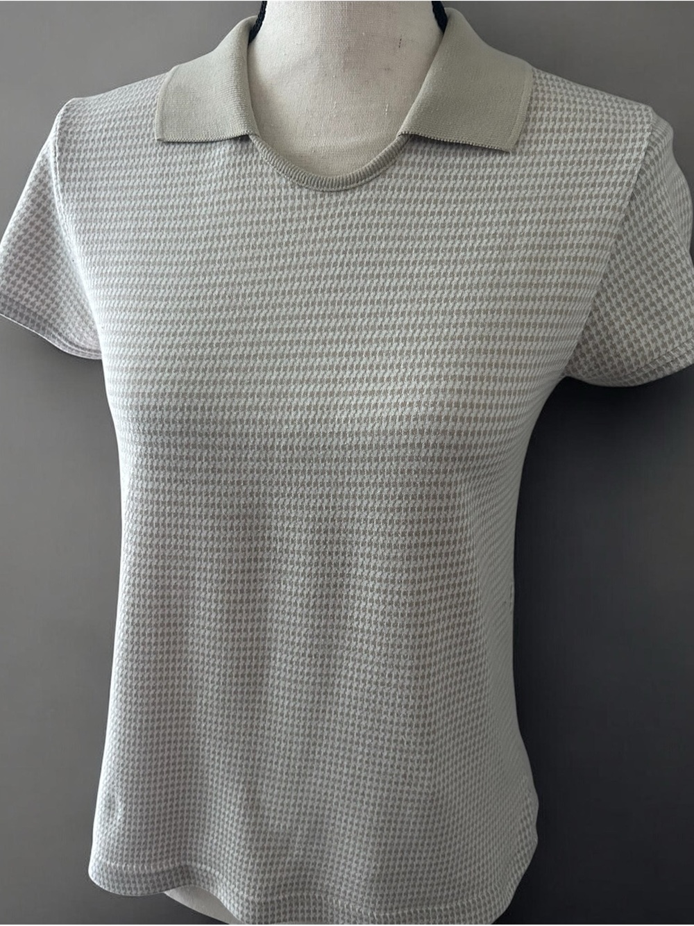 Beige/Cream Collared Houndstooth Polo Top Medium Preppy Tennis Dark Academia - Picture 8 of 8